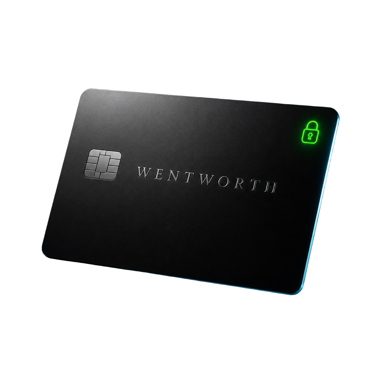 Wentworth Card — matte black debit card with a glowing lock icon